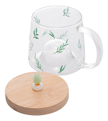 Caneca De Vidro Borossilicato Suculenta Pires De Bambu 350ml