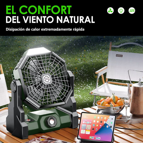 Ventilador De Camping Recargable Portátil Con Luz Led