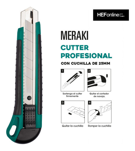 Cutter Profesional 25mm Con Mango Soft + 10 Cuchillas Meraki