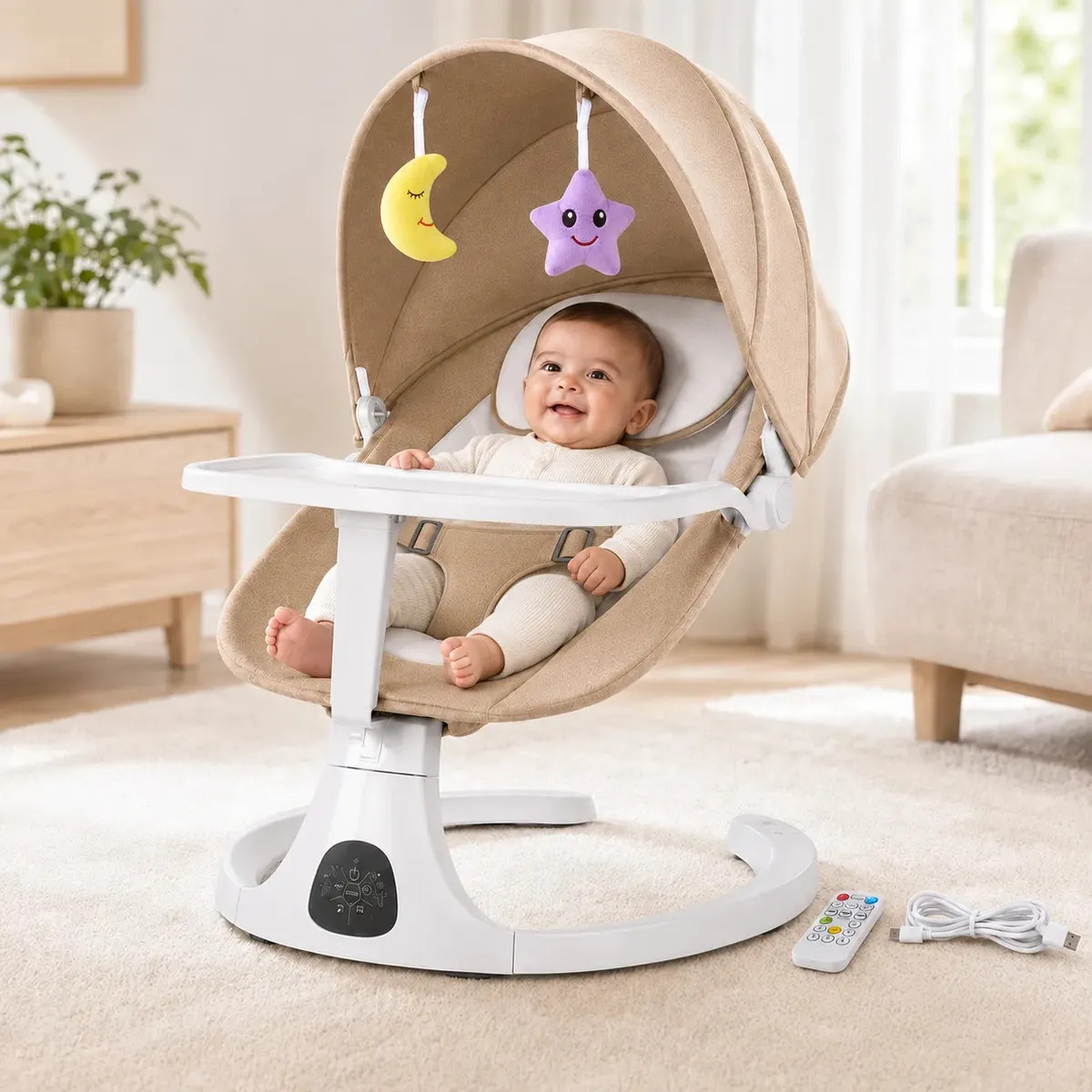 Mecedora Eléctrica para Bebé Flybb y18 con Bluetooth, Vibración y Reclinable