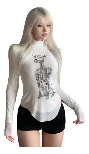 Niche Skull Print Mesh Long Sleeve Top