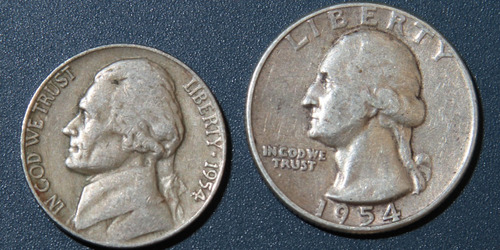 2 Moneda 1954 P Washington Quarter Plata Jefferson Ni 5c Lpy