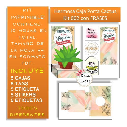 Imagen 3 de 4 de Kit 002 Imprimible Portamaceta Cactus Con Frase Positiva Tag
