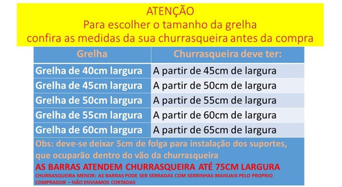 Suporte Churrasqueira C/ Barra 75cm + Grelha Inox 50/55/60cm
