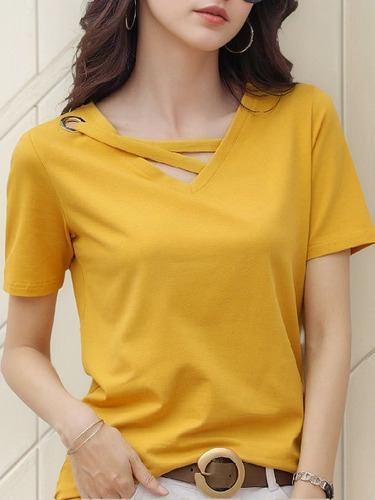 Camiseta De Manga Corta Con Cuello En V Para Mujer