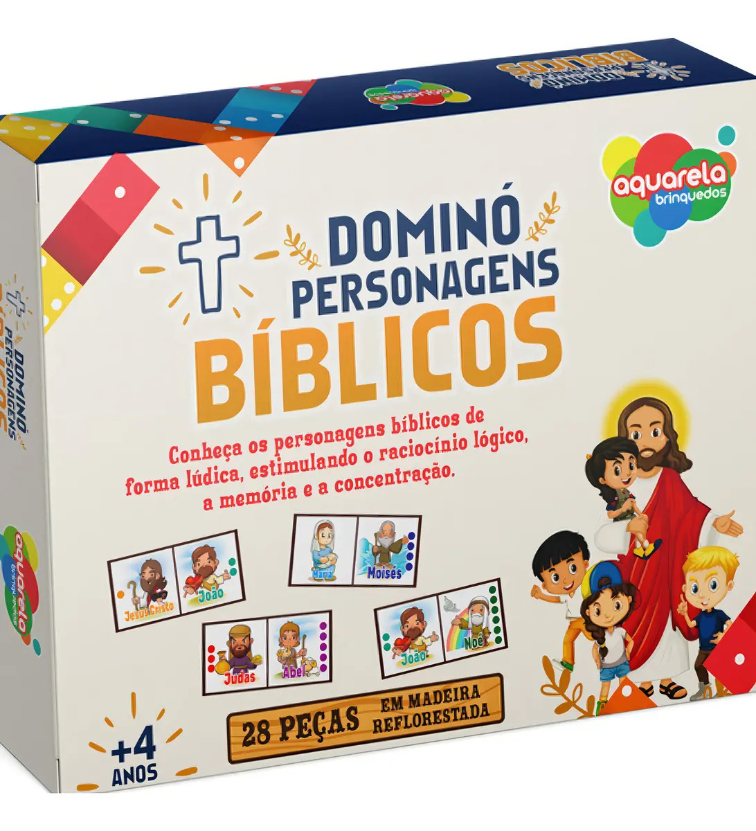 Dominó Personagens Bíblicos Madeira Aquarela Brinquedos Educativo 28 Peças