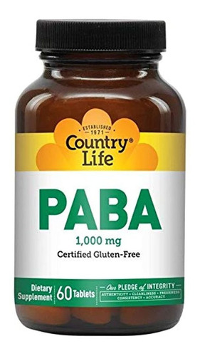 Country Life Paba 1000 Mg, 60 Comprimidos (ácido Para-aminob