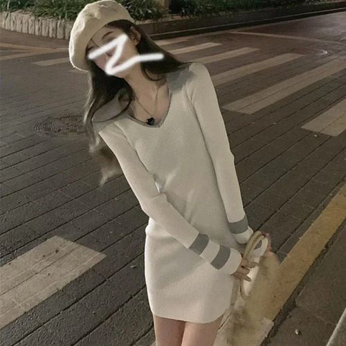 Vestido De Punto Ajustado Con Cuello En V Y Manga Larga Para