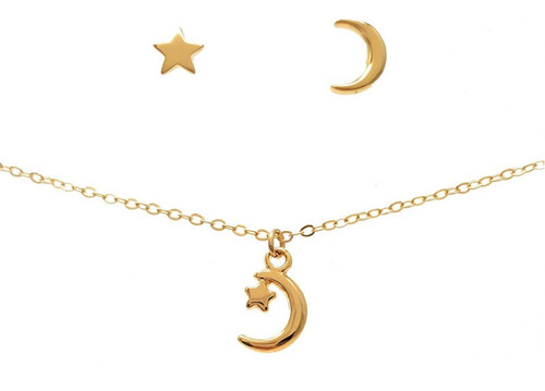 Set Joyería Collar Y Aretes Luna Y Estrella - Chapa Premium