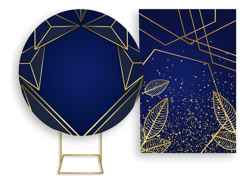 Painel Festa Redondo+ Vertical - Azul Geométrico Dourada 19 Cor Colorido