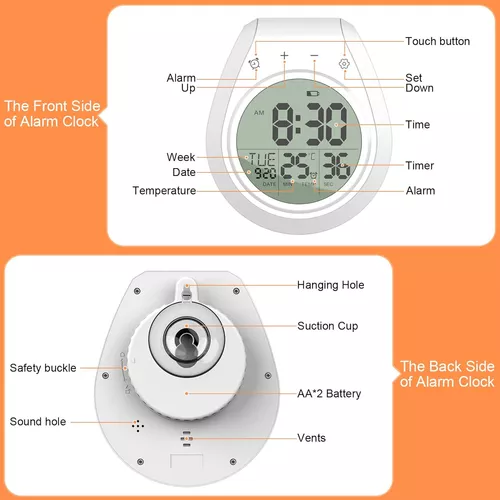 USAOSHOP Reloj digital de baño con temporizador, impermeable, temporizador  de ducha con alarma, temperatura interior, pantalla grande, mes, día