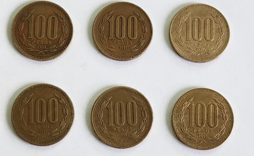 Lote De 6 Monedas De 100 Pesos Chilenos Varios Años. (Usado)