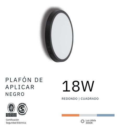 Plafon Redondo Negro 18w 3000k Luz Calida 21,1 X 3cm