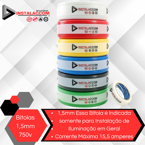 Azul Fio Elétrico 1,5mm Cabo Flexível 1 5mm Rolo 100m Metros 750v