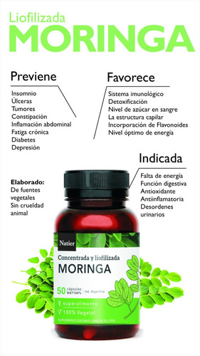 Natier Moringa 50 Cápsulas Calcio Hierro Fibra Antioxidante Sabor No