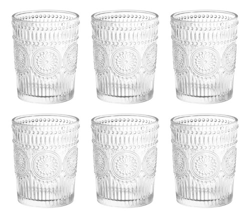 Set X 6 Vasos Vidrio Labrados Margaritas Transparentes