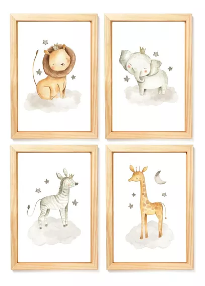 4 Quadros Decorativos Infantil Safari Baby Aquarela Moldura