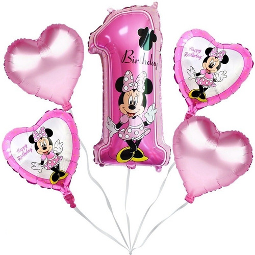 Kits 5pz Globos Metalicos Minnie Mouse Numero 1 Compleaños