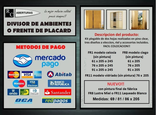 Imagen 2 de 10 de Plegable 2 Hojas Madera 61 X 204 A 206 Alto