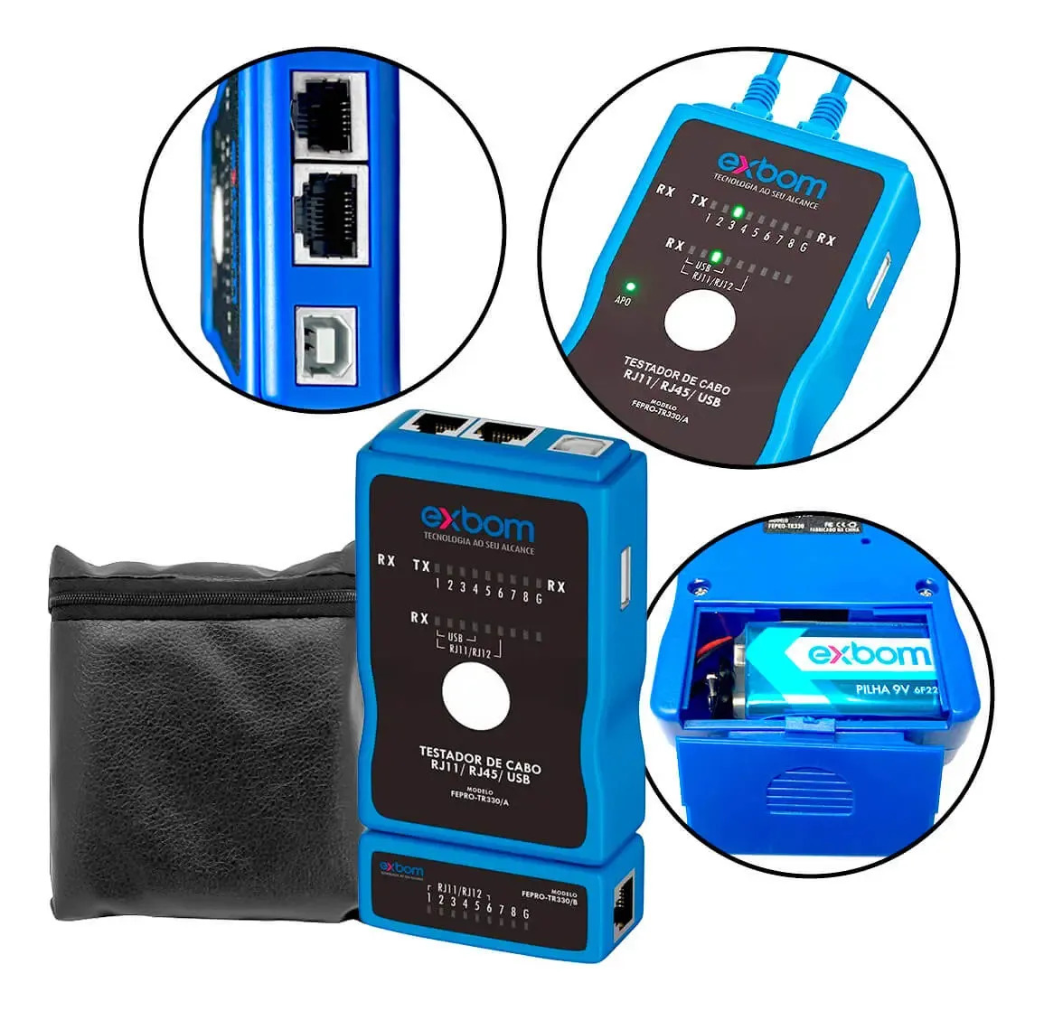 Testador 3 em 1 RJ45 RJ11 USB Exbom FEPRO-TR330 com LED