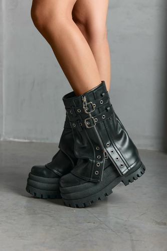 Botas Borcego Negros Triple Plataforma Caña Volcada Arrugada