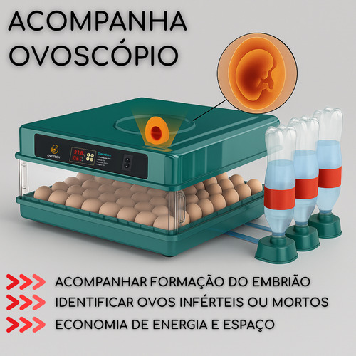 Chocadeira Para Ovos Incubadora Automática Ovoscópio 48 Ovos