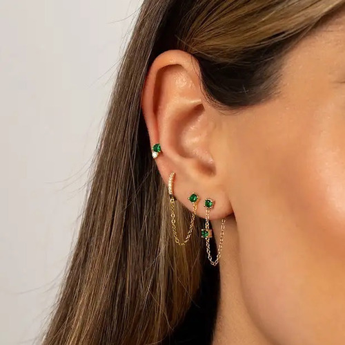 Arete De Plata 925 Oro 18k Verde Zirconias Cadena Mujer