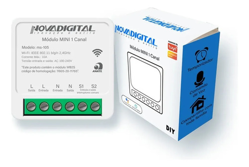 Novadigital MS-105 Mini Interruptor Wi-Fi Inteligente 1 Canal Automação Casa Alexa