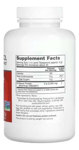 D-ribose Em Pó Protocol 227 G Puro Importado
