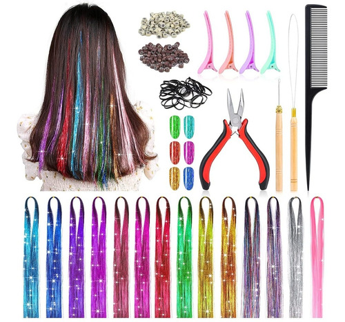 Kit Extensiones Brillantes Para El Cabello 14 Colores Oropel