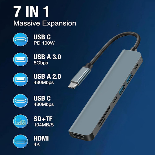 Adaptador Hub Type C 7 En 1 Usb 3.0 Hdmi 4k Multipuerto Usb