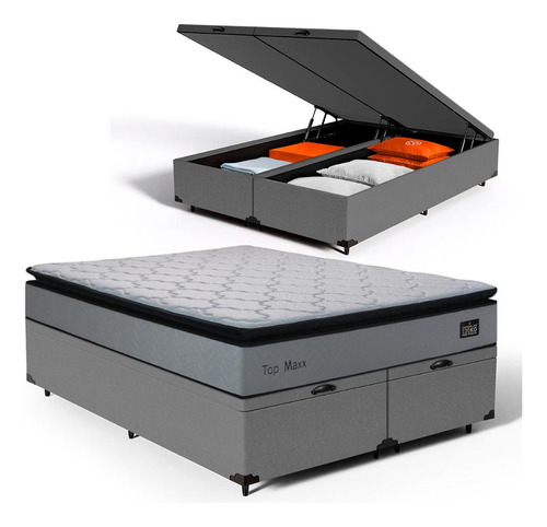 Box Baú Queen Com Colchão De Espuma D33 Pillow Top Maxx Cor Cinza
