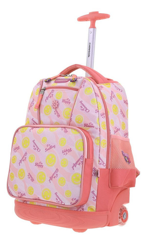 Mochila Grande Chenson Gatitos Happy Girl Ruedas Luz Led Color Rosa Claro Diseño De La Tela Emoji