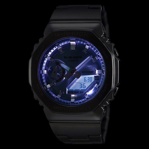 Relógio masculino Casio GM-2110d-2adr G-Shock, pulseira prateada, moldura prateada, fundo azul