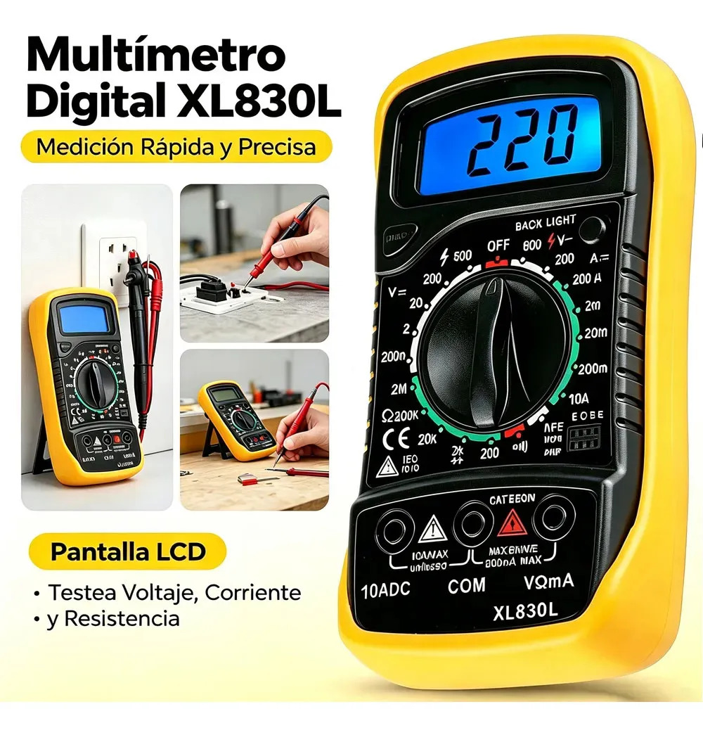 Multímetro Digital Profesional Portátil con Pantalla LCD Retroiluminada, Voltímetro Amperímetro para Automotriz, Bricolaje, Electricidad y Electrónica, Con Pila 9V Incluida