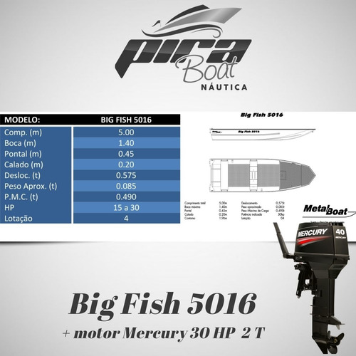 Imagem 6 de 7 de Barco De Alumínio Big Fish 5016 + Motor Mercury 30 Hp 2 T