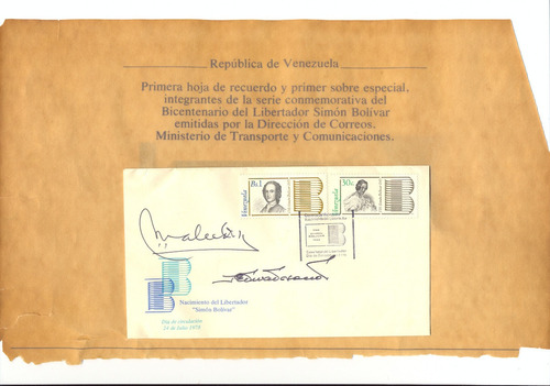  Venezuela  Estampilla 1er Dia Emision+hojita Recuerdo Bice