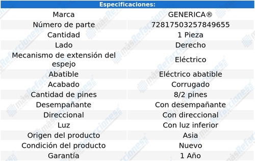 Espejo Derecho E/abatible 8/2 Pines 1500 19 Al 22 Generica