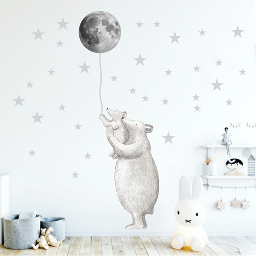 Adesivos De Parede Urso Polar Com Filhote, Lua E Estrelas Cor Padrão