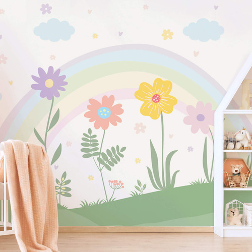Papel De Parede Quarto Menina Jardim Floral Arco-íris 9m