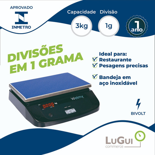 Balança Digital Welmy W3 3kg X 1g Mesa Led 30x20cm