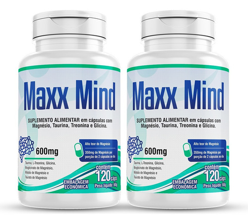 Maxx Mind 2x 120 Cáps. Magnésio Taurina Treonina Glicina Sabor Sem Sabor