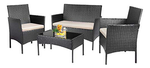 Conjunto De Muebles De Exterior Rattan Wicker 4 Piezas Negro