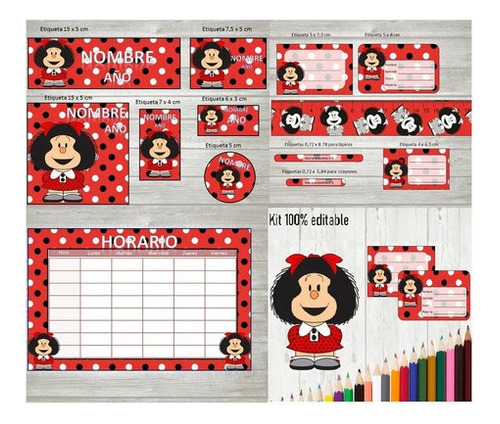 Kit Imprimible Editable Etiquetas Escolar Mafalda