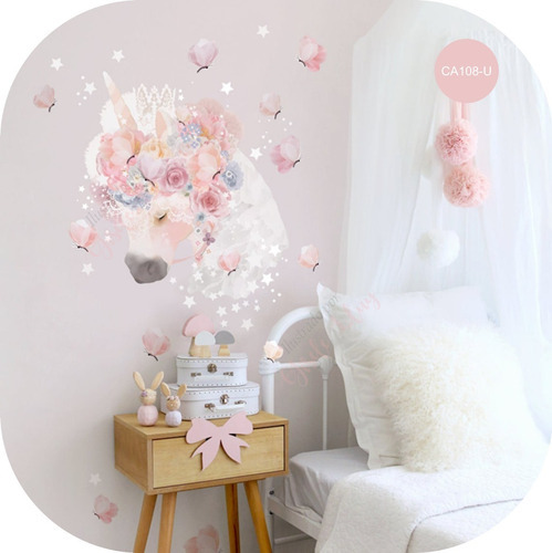 Vinilo Decorativo Infantil Unicornio Con Flores Y Mariposa