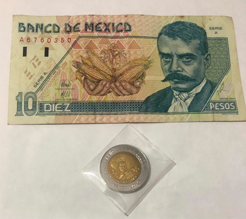 Billete De 10 (90s) Y Moneda De 5 Pesos (2010)