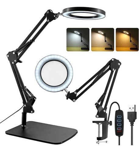 Lámpara Lupa De Aumento Lente Circular Luz Led Soporte 2en1