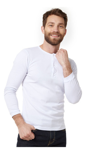 Camiseta Cuello Botones Manga Larga Blanca Para Hombre