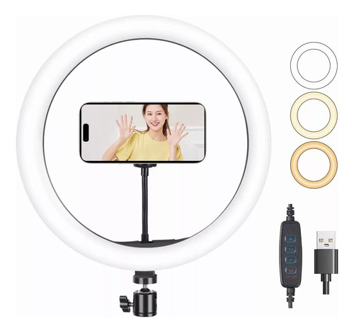 Moreka Aro De Luz 12 (32cm) Pulgadas De Iluminacion Usb Con Soporte Celula 3 Tonos Luz Blanca, Luz Cálida Y Luz Natural Rotación 360º Inclinación 180º Luz Blanco Neutro Color Negro