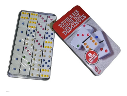 Juego Domino 28 Piezas Con Caja Metálica Puntos De Colores